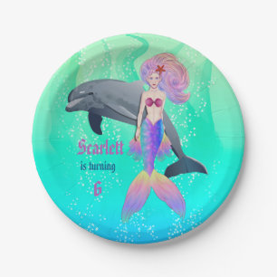 Plato De Papel Chica de sirena marina con delfín cumpleaños