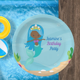 Plato De Papel Chica de sirenas afroamericana hijos Fiesta de cum