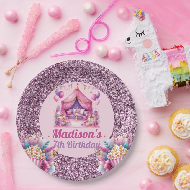 Plato De Papel Chica de Sleepover personalizado Cumpleaños Pink P (Fiesta)