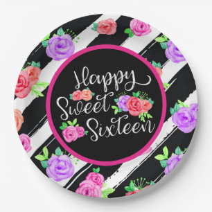 Plato De Papel Chica de Sweet 16 Rosas Edgy & Rayas Modernas Cump