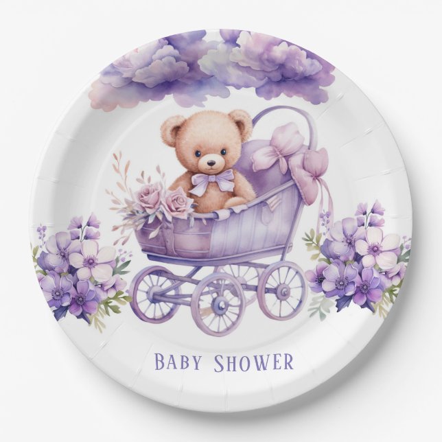 Plato De Papel Chica de Teddy Bear de Transporte Adorable Baby Sh (Anverso)