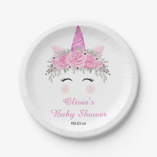 Plato De Papel Chica de Unicornio Dulce Baby Shower Con Nombre en