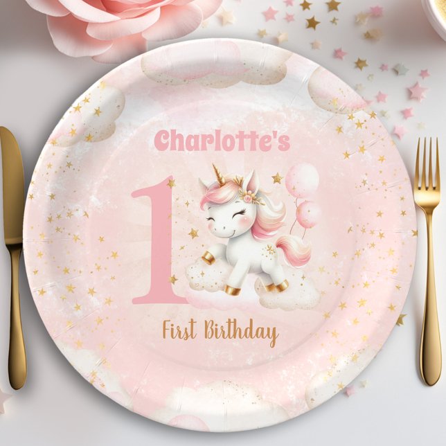Plato De Papel Chica de unicornio feliz primer cumpleaños beige r (Cute Happy Unicorn Girl 1st Birthday Pink Beige Paper Plates)