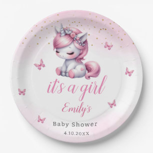Plato De Papel Chica de unicornio rosa chiflado caprichoso