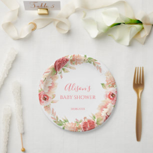 Plato De Papel Chica de vegetación floral rosa rosa Baby Shower
