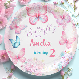 Plato De Papel Chica de verano floral rosa de mariposa pequeña Cu