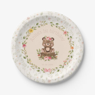 Plato De Papel Chica de Woodland 1º cumpleaños floral de oso dulc