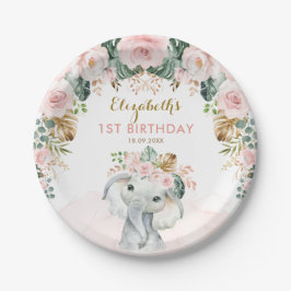 Plato De Papel Chica del cumpleaños del elefante Boho tropical fl