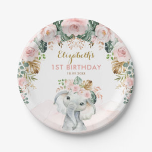 Plato De Papel Chica del cumpleaños del elefante Boho tropical fl