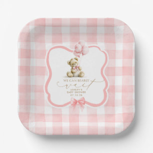 Plato De Papel Chica del Oso de Peluche de Cuadros Rosas para Bab