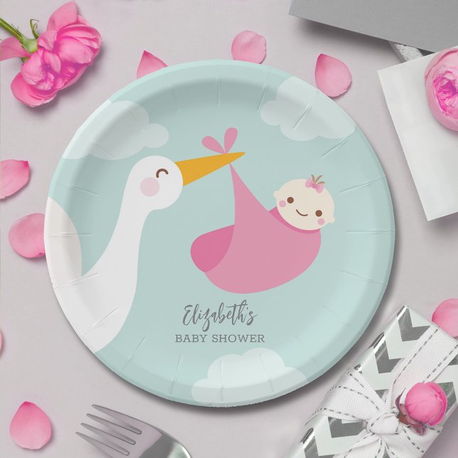 Plato De Papel Chica del paquete de almacenamiento Baby Shower (Stork Pink Bundle Girl Baby Shower Paper Plates)