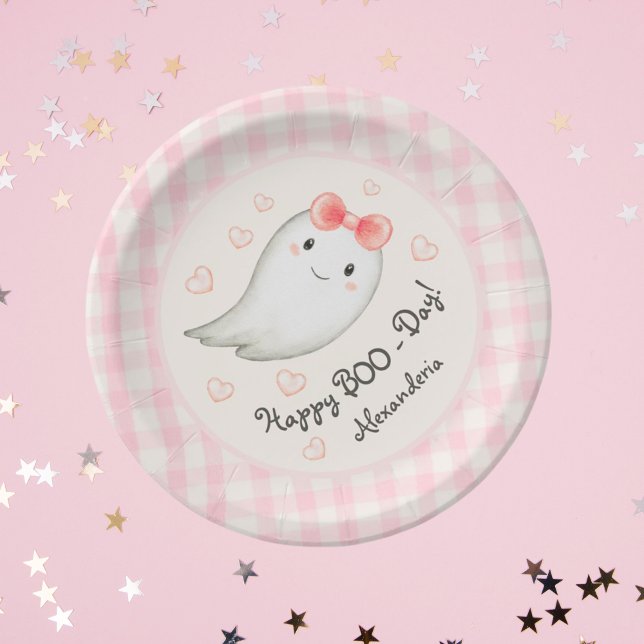 Plato De Papel Chica del partido de cumpleaños rosado de Cute Boo (Happy Boo-Day! Birthday Girl Birthday Party Plates. Personalize Name)