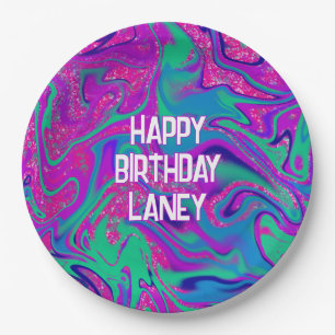 Plato De Papel Chica del Personalizado del Purpurina Verde azulad