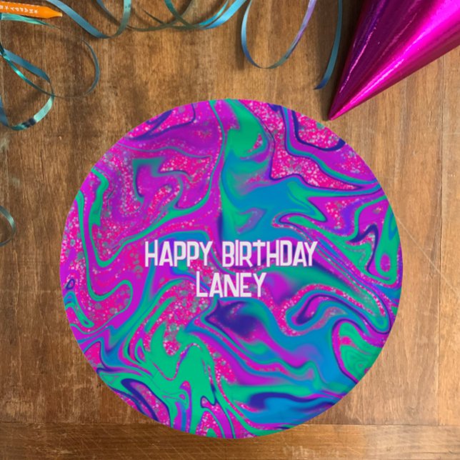 Plato De Papel Chica del Purpurina Verde azulado Rosado de Guay C (Hot pink blue and teal fun swirls custom paper birthday party plate. Slime party glitter girly theme)