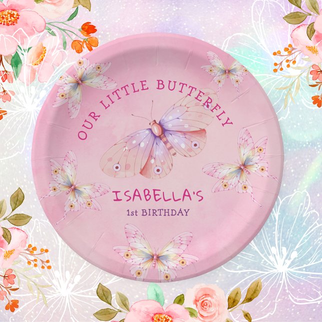 Plato De Papel Chica del tema de la mariposa rosada Pastel primer (Pastel Pink Butterfly Theme Girl's 1st Birthday Paper Plates)