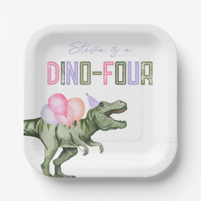 Plato De Papel Chica Dino Cuatro Placas De Fiesta De Cumpleaños (Anverso)