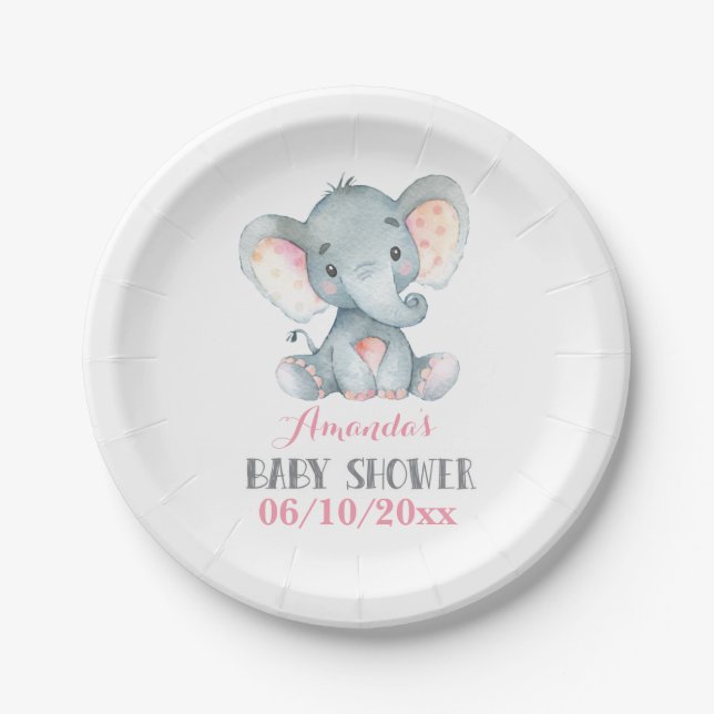 Plato De Papel Chica Elephant Baby Shower Pink (Anverso)