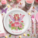 Plato De Papel Chica Fairy First Birday Party Cute Watercolor<br><div class="desc">Un diseño lindo para la fiesta de cumpleaños "hadas primero" de una niña con tema de cuento de hadas: un pequeño hada con alas de mariposa, con un vestido rosa, con pelo rojo rosado y grandes ojos verdes, rodeados de flores, setas rojas y mariposas. Generado con Photoshop / Firefly AI....</div>
