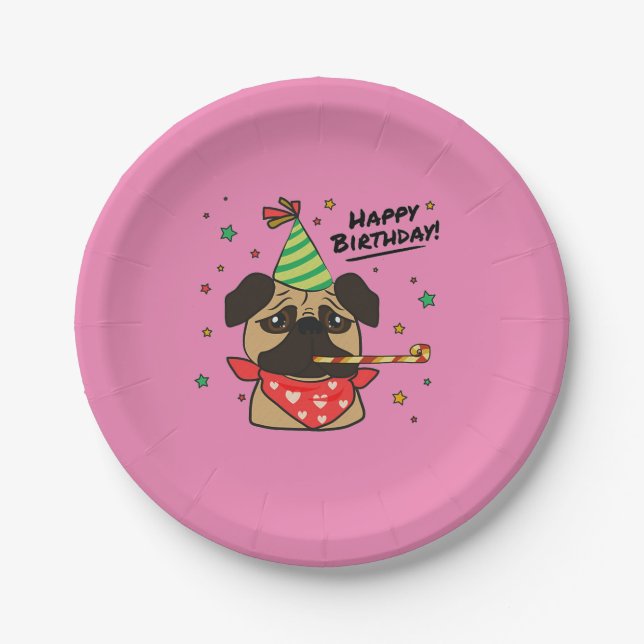 Plato De Papel Chica Feliz Cumpleaños Pug (Anverso)