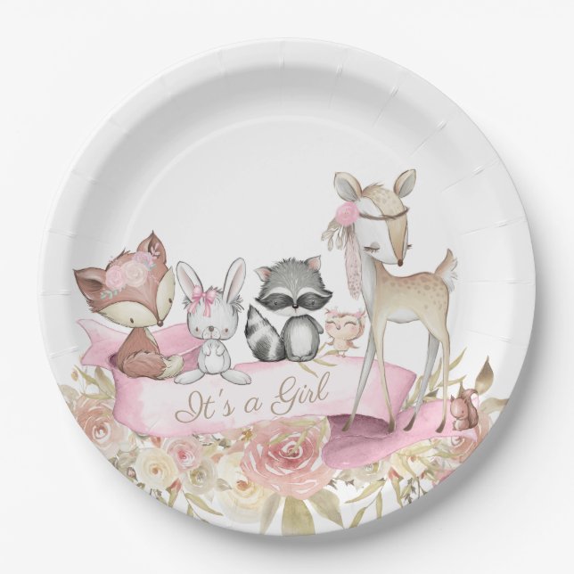 Plato De Papel Chica Fiesta de Bebé Animal Bosque (Anverso)