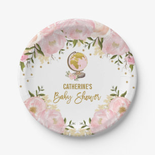 Plato De Papel Chica floral Baby Shower del viaje del oro rosado