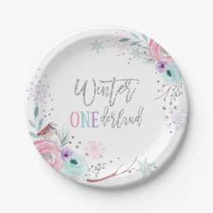 Plato De Papel chica floral de copos de nieve en invierno