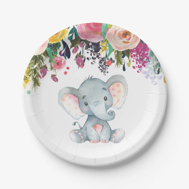 Plato De Papel Chica floral Elefante Baby Shower Placa de papel r (Anverso)