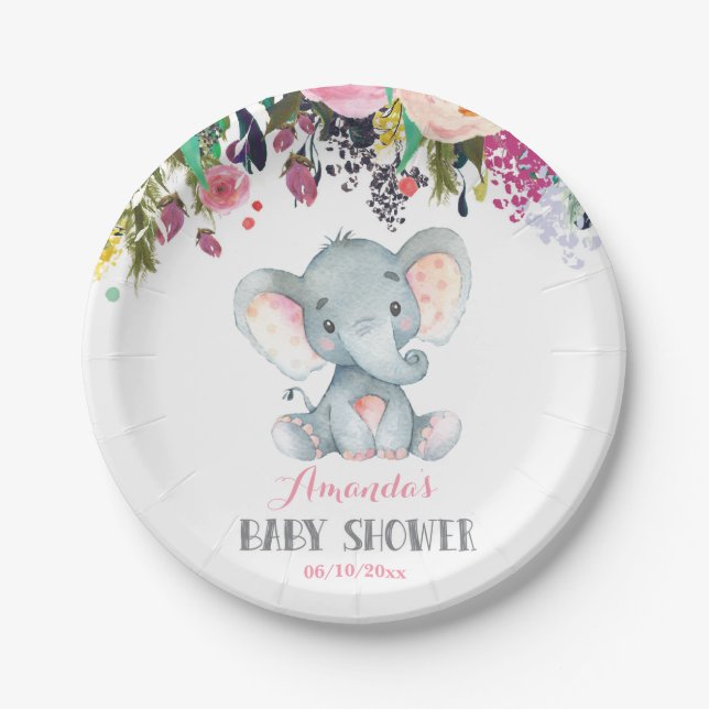 Plato De Papel Chica floral Elephant Baby Shower Pink (Anverso)