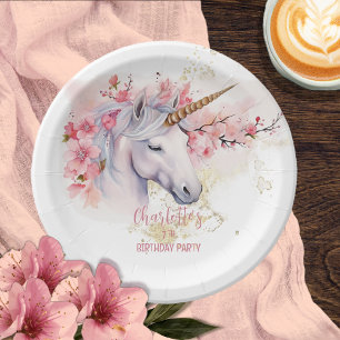 Plato De Papel Chica floral místico unicornio en la séptima fiest