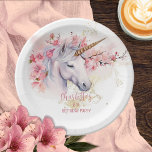 Plato De Papel Chica floral místico Unicornio Fiesta de cumpleaño<br><div class="desc">Presentamos nuestro fascinante diseño de fiestas de cumpleaños 6 de místico unicornio y Chica floral rosada. Sumérgete en un mundo de encantamiento mientras te preparas para celebrar a tu pequeño. Esta exquisita colección cuenta con un majestuoso unicornio como punto focal, adornado con elegancia con delicadas flores rosadas y situado en...</div>