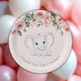 Plato De Papel Chica floral rosa Cutie Elephant Rubor Baby Shower
