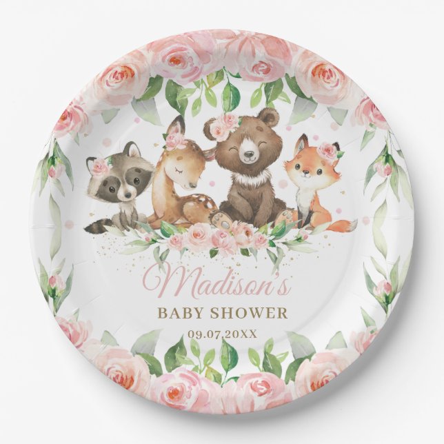Plato De Papel Chica Floral Rosa de los Animales Woodland Baby Sh (Anverso)