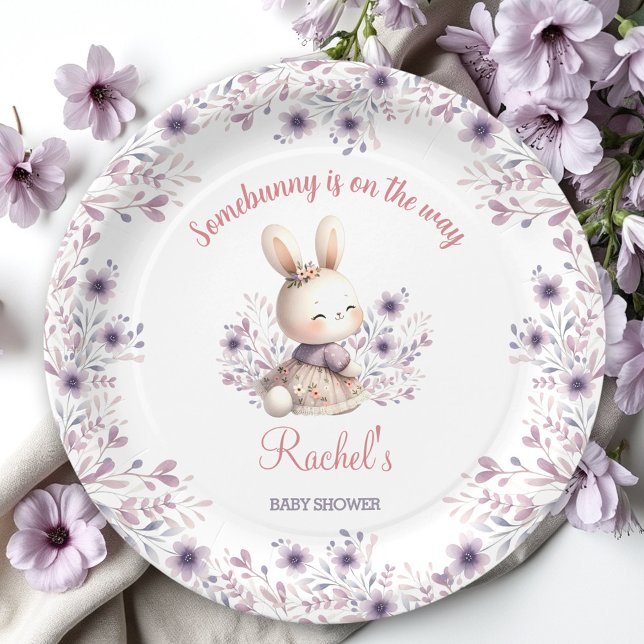 Plato De Papel Chica floral rosa morado lindo conejito Baby Showe (Cute Bunny Purple Pink Floral Girl Baby Shower Paper Plates)