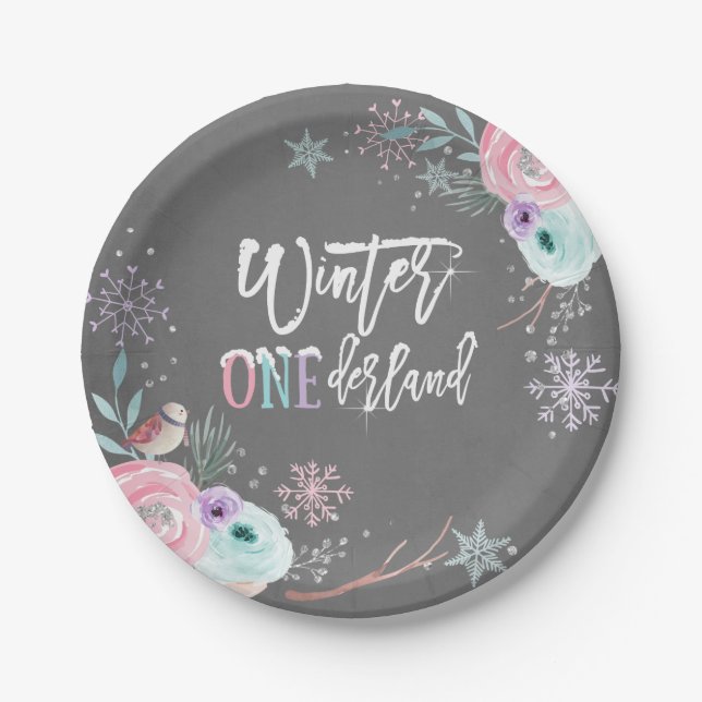 Plato De Papel Chica floral rosa Purpurina de invierno ONEderland (Anverso)
