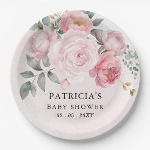 Plato De Papel Chica floral Rubor rosa moderno Baby Shower
