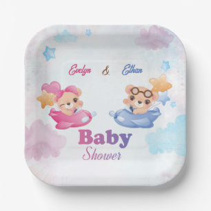 Plato De Papel Chica gemelos niño oso avión Baby Shower