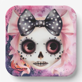 Plato De Papel Chica Ghost Skeleton Halloween Tema Rosa