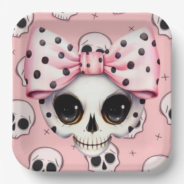 Plato De Papel Chica Ghost Skeleton Halloween Tema Rosa (Anverso)