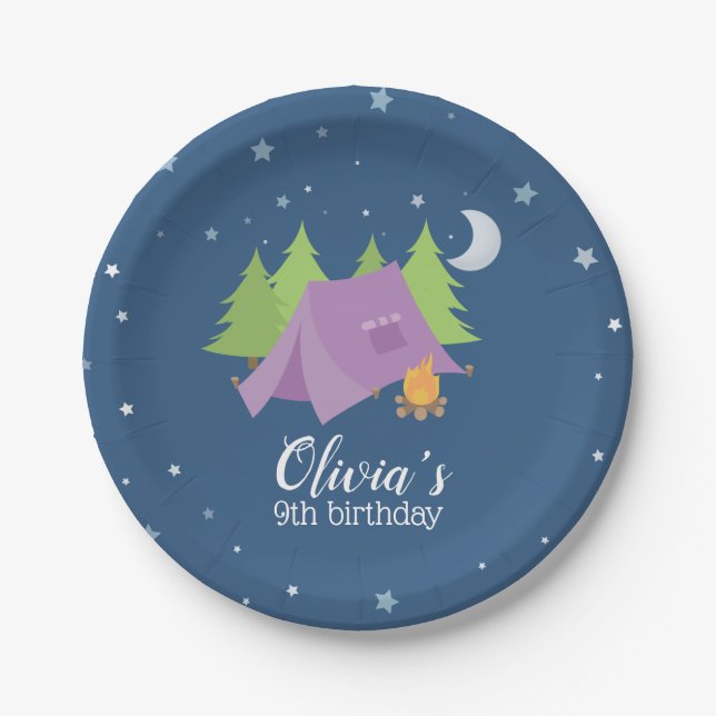 Plato De Papel Chica Glamping Carpa Morada Cumpleaños Camping (Anverso)