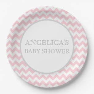 Plato De Papel Chica gris de Chevron/gris rosado moderno de Baby