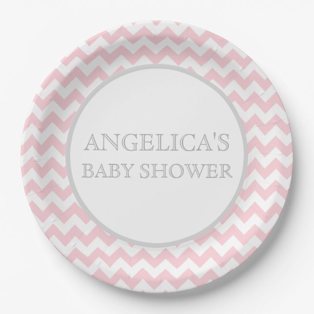 Plato De Papel Chica gris de Chevron/gris rosado moderno de Baby (Anverso)