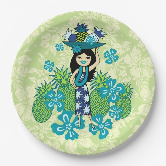 Plato De Papel Chica hawaiano de Luau Hula de la piña (Anverso)
