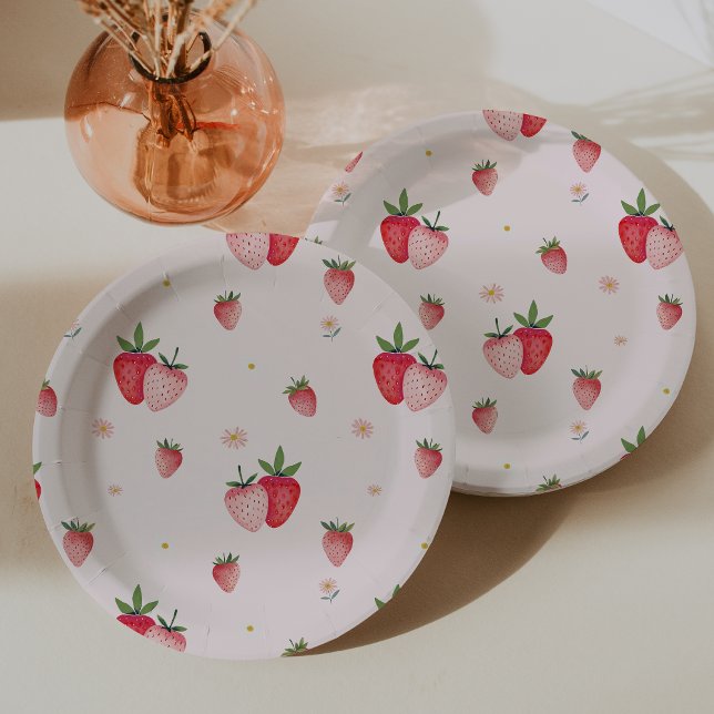 Plato De Papel CHICA HEIDI del patrón de fresa rosa Baby Shower (HEIDI Pink Strawberry Pattern Girl Baby Shower Paper Plates)