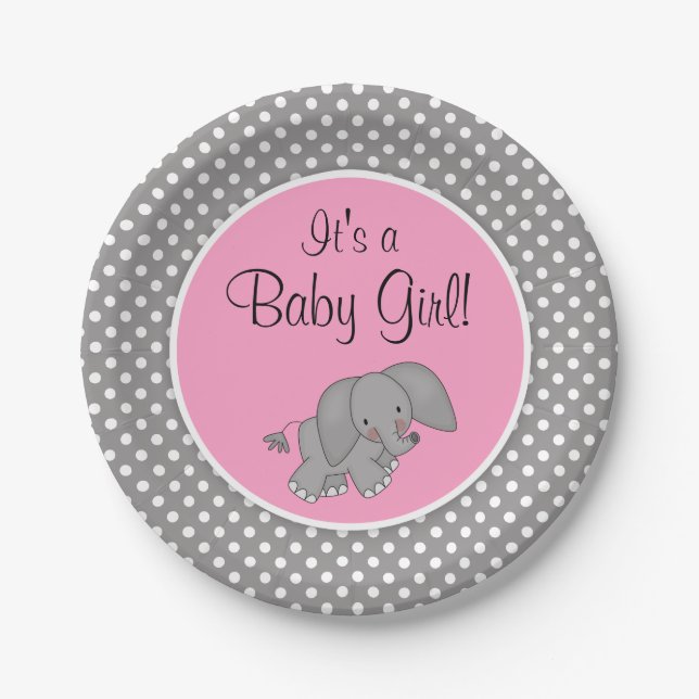 Plato De Papel Chica lindo Baby Shower del elefante rosado (Anverso)