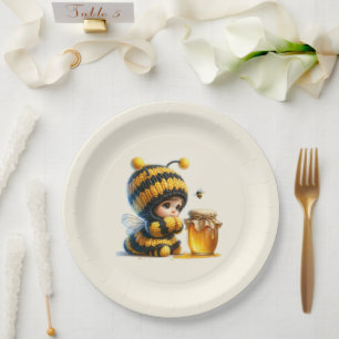 Plato De Papel Chica lindo con traje de abeja con miel
