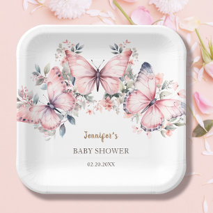 Plato De Papel Chica Mariposa Acuarela Rosa Baby Shower