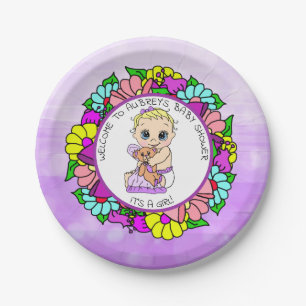 Plato De Papel Chica morado Baby Shower, bebé con oso de Teddy