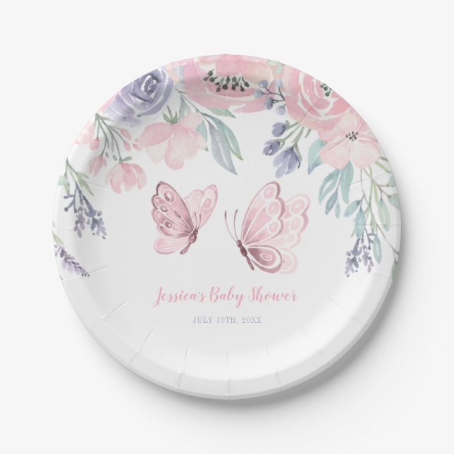 Plato De Papel Chica morado de mariposa floral rosa Baby Shower