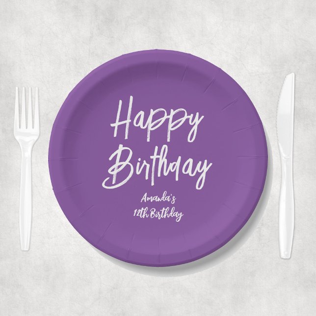 Plato De Papel Chica morado personalizado Fiesta feliz cumpleaños (Purple Personalized Girl Happy Birthday Party Paper Plates
)