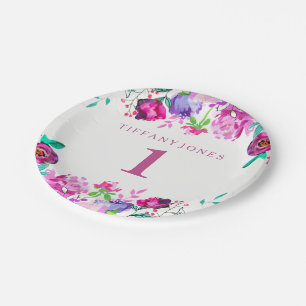Plato De Papel Chica morado rosado floral Primer Fiesta de cumple